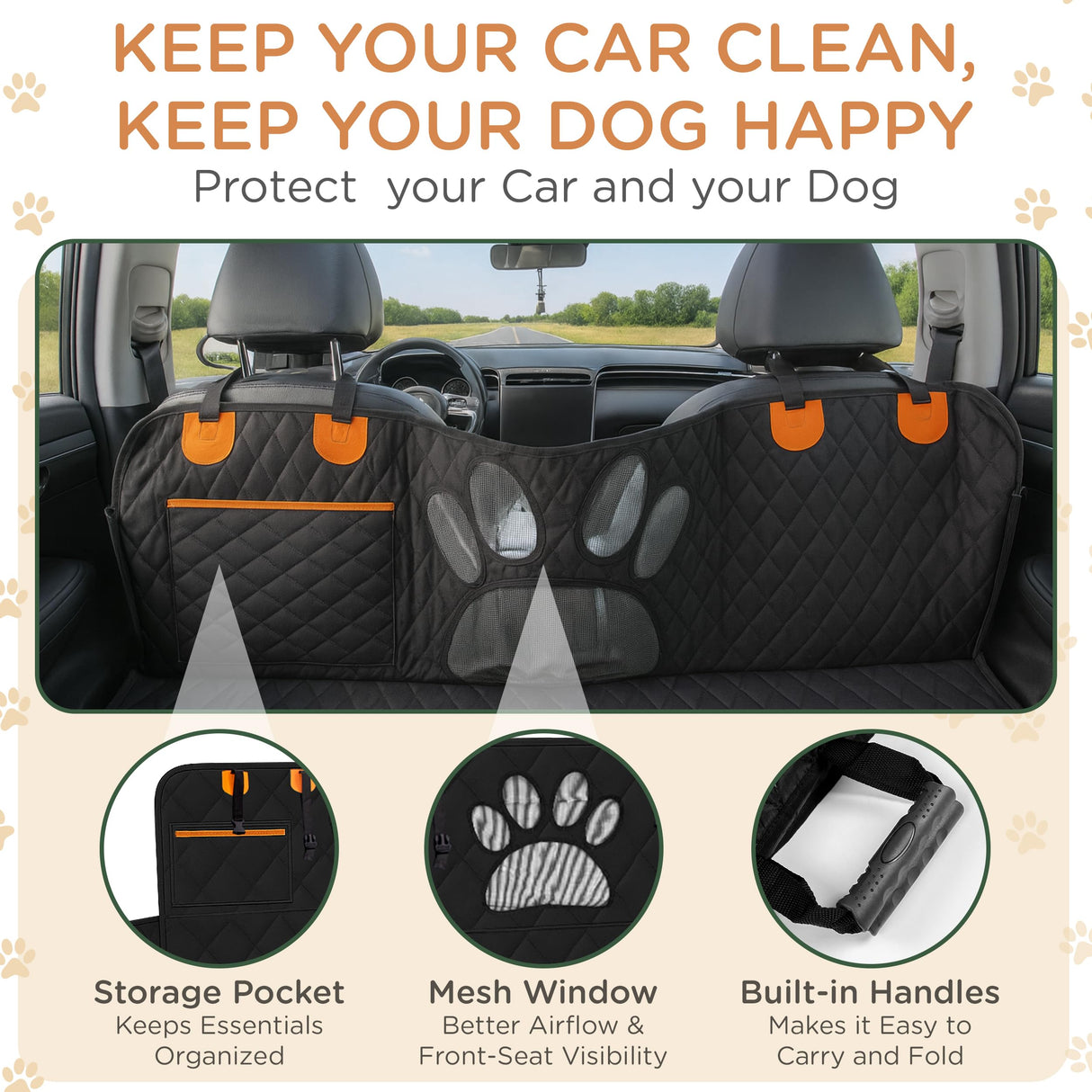 Breezy2Nest Pet Seat Cover for Back Seat – Waterproof Backseat Cover for Dogs in Car with Mesh Window, Oxford Fabric, Storage Pocket, Side Flaps & Carry Handles