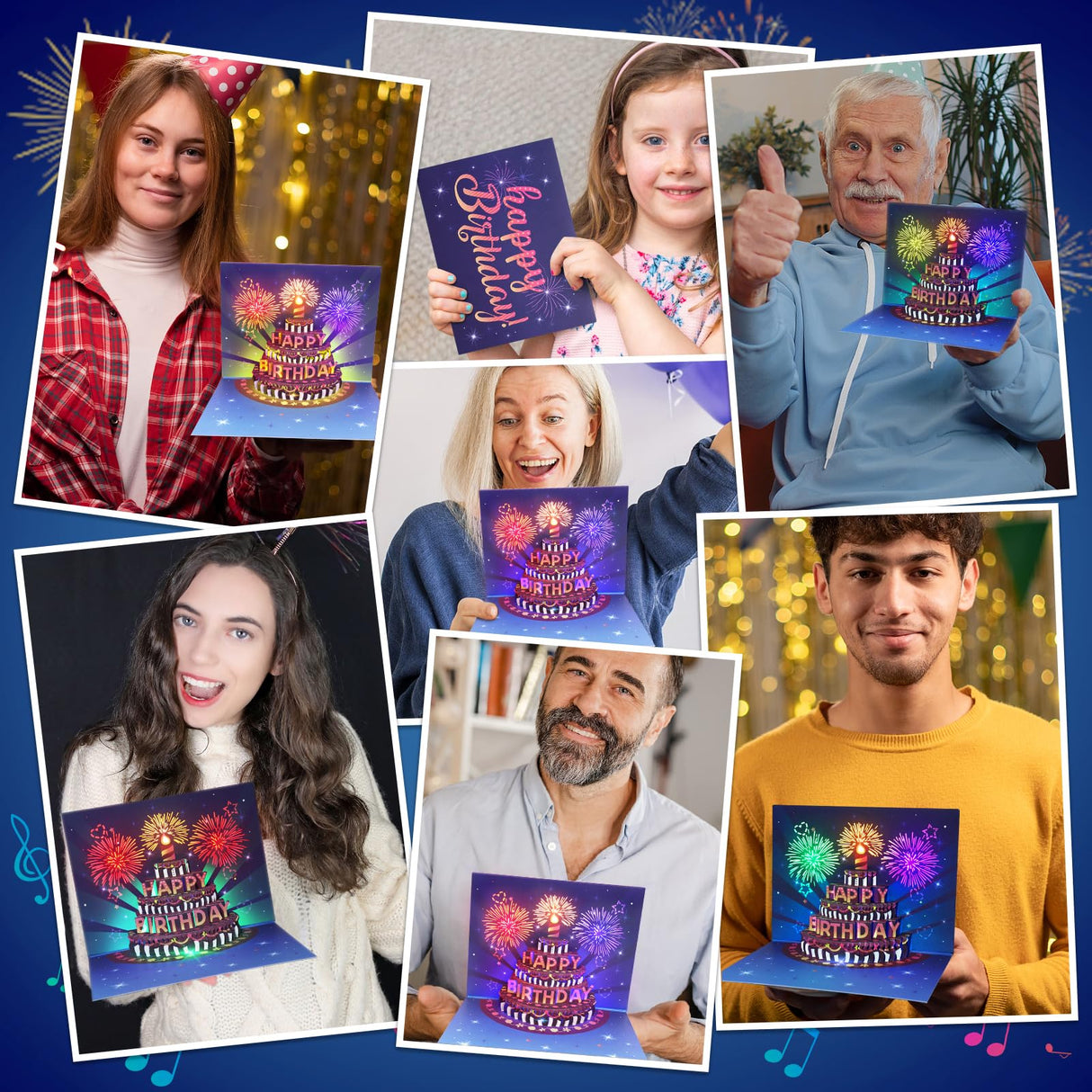 INPHER Birthday Cards Fireworks Pop Up Cake Light and Music Happy Birthday Card Gift for Women, Men, Mom, Grandma