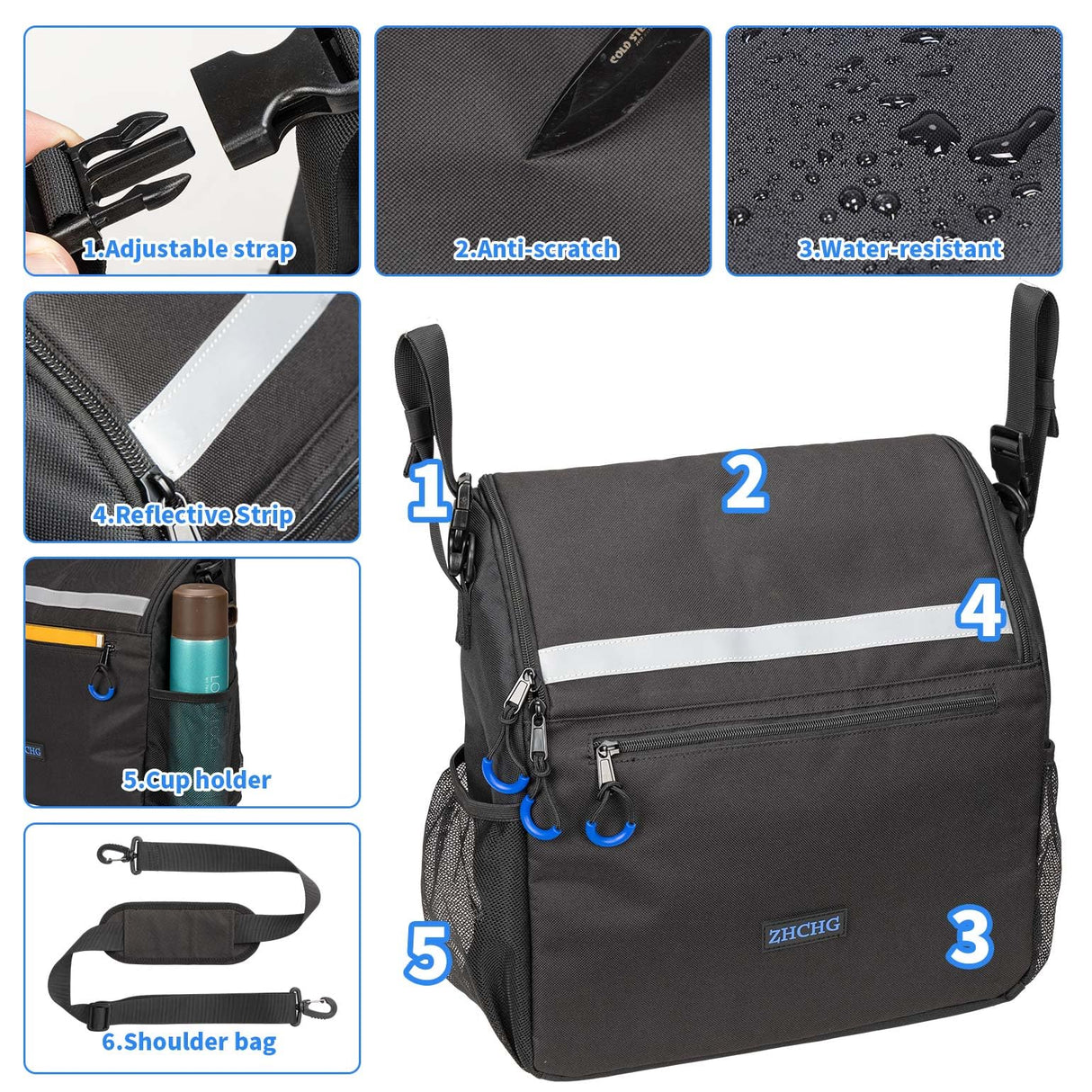 ZHCHG Wheelchair Bag, Wheelchair Backpack with Cup Holder, Wheelchair Bag to Hang on Back, Electric & Wheel Chair Accessories, Large Storage Bag for Walker Rollator