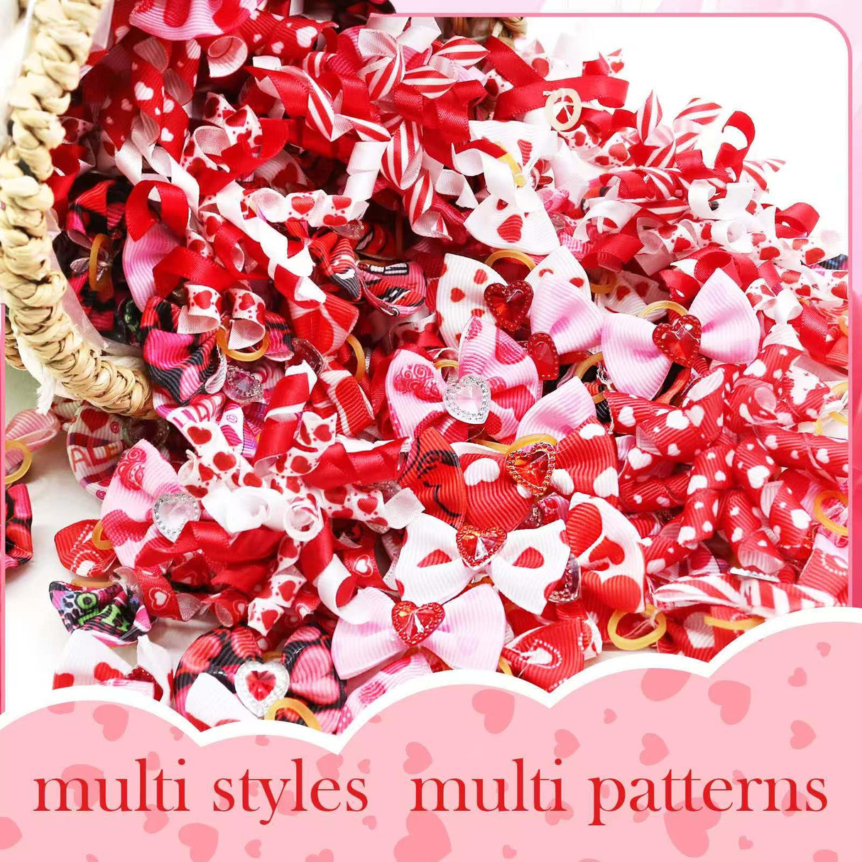 Senniea 60Pcs Dog Bows with Rubber Bands Love Heart Dog Bowknot Hair Bows Red Pink PuppyTopknot Bows for Day Doggie Cat Bunny Yorkie Pet Hair Grooming Accessories (Valentine's Day)