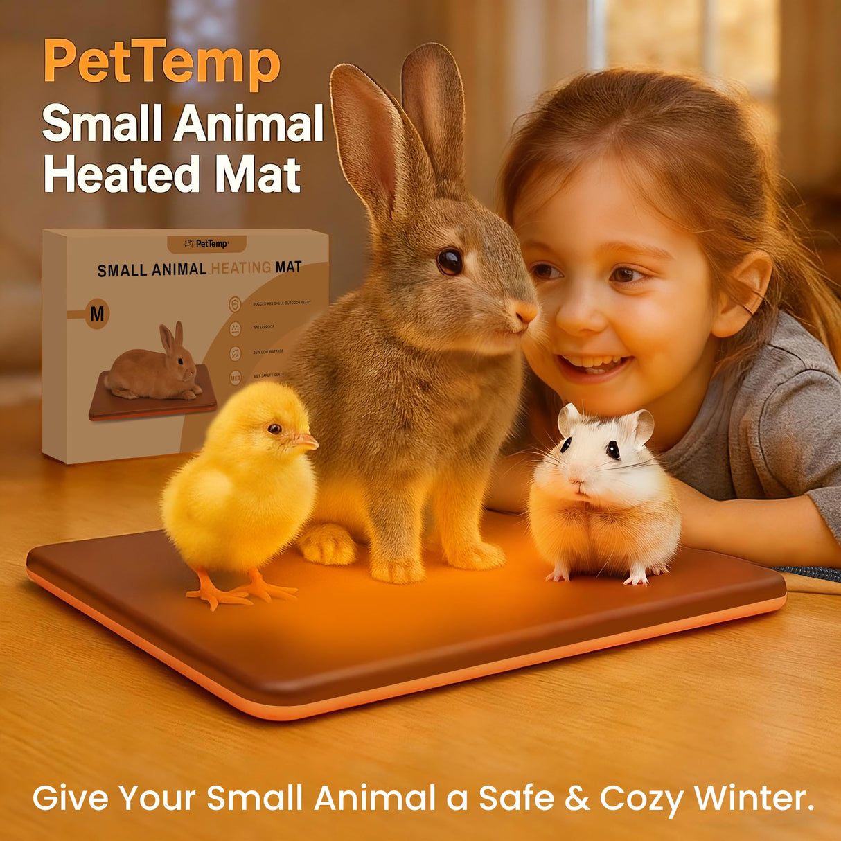 PetTemp Small Animal Heating Pad, Small Animal Bed, Outdoor/Indoor Winter Thermal Heating Pad for Rabbits, Guinea Pigs & Chickens, Waterproof & Chew-Resistant, Energy-Efficient (S:11.8" x 8.2“)