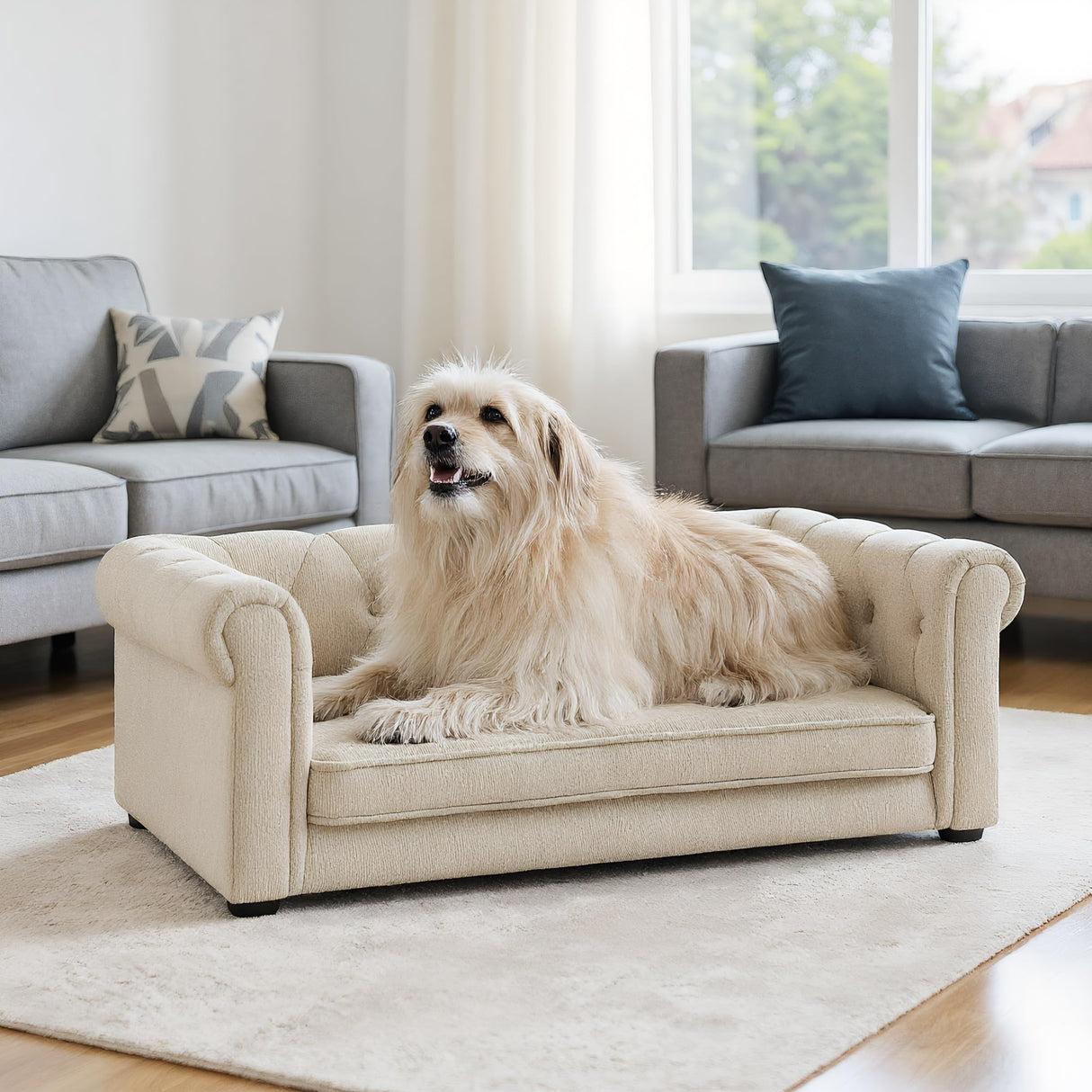 KrenzhHome Elevated Dog Sofa with Backrest and Armrests, Button Tufted Dog Couch Bed with Soft Cushion for Medium Dogs, Stylish Lounging Bed Pet Couch Chair, 60Lbs Weight Capacity, Beige