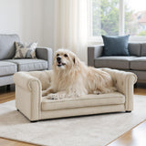 KrenzhHome Elevated Dog Sofa with Backrest and Armrests, Button Tufted Dog Couch Bed with Soft Cushion for Medium Dogs, Stylish Lounging Bed Pet Couch Chair, 60Lbs Weight Capacity, Beige
