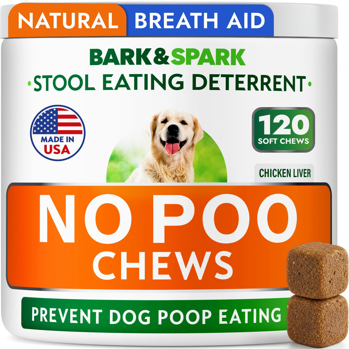 BARK&SPARK No Poo Chews for Dogs - Coprophagia & Stool Eating Deterrent with Probiotics, Digestive Enzymes & Breath Aid Support - Stop Dog Poop Eating - Made in USA - 120Ct
