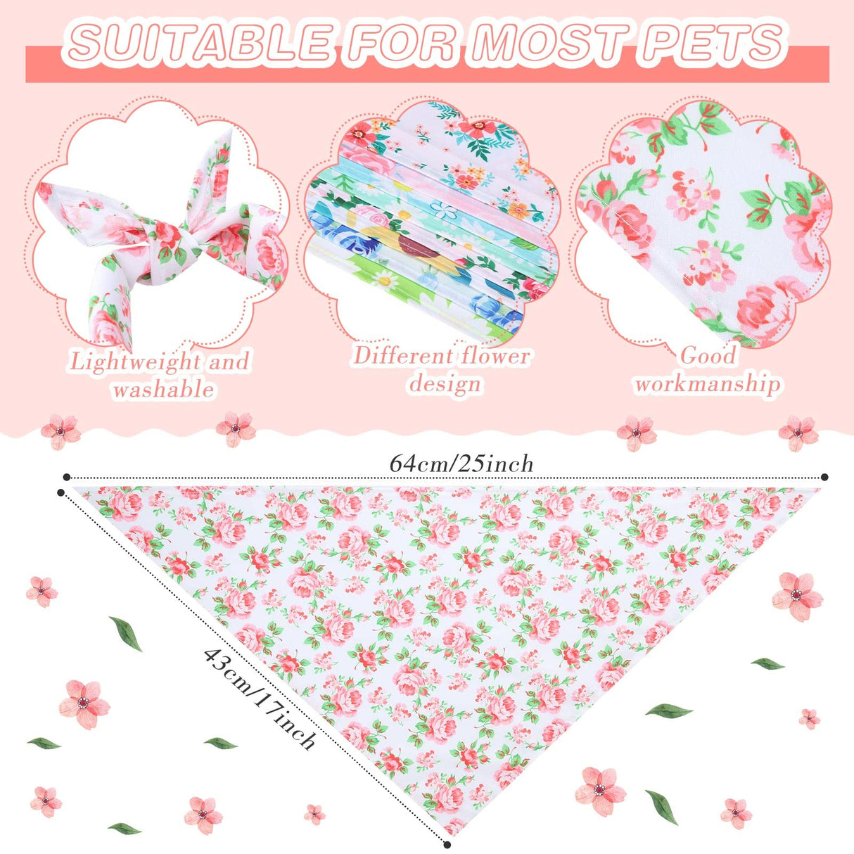 Silkfly 50 Pieces Spring Bandanas for Dog Bulk Adjustable Spring Triangle Scarf with Flower Floral Dog Bandanas Bibs Washable Pet Kerchief for Small Medium Large Pet Cat Costume Accessories Decoration