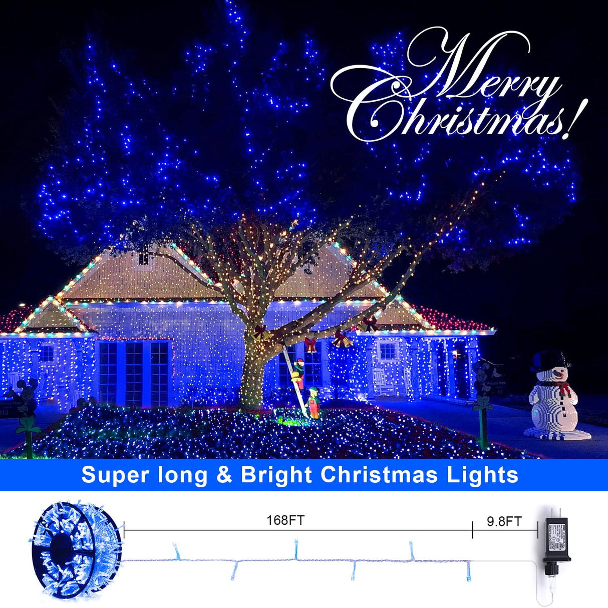 JMEXSUSS 600 Blue LED Christmas Lights Outdoor Waterproof 168ft Blue Christmas Tree Lights Indoor Plug in 8 Modes Blue String Lights for Bedroom Fireplace Halloween Party Xmas Christmas Decorations