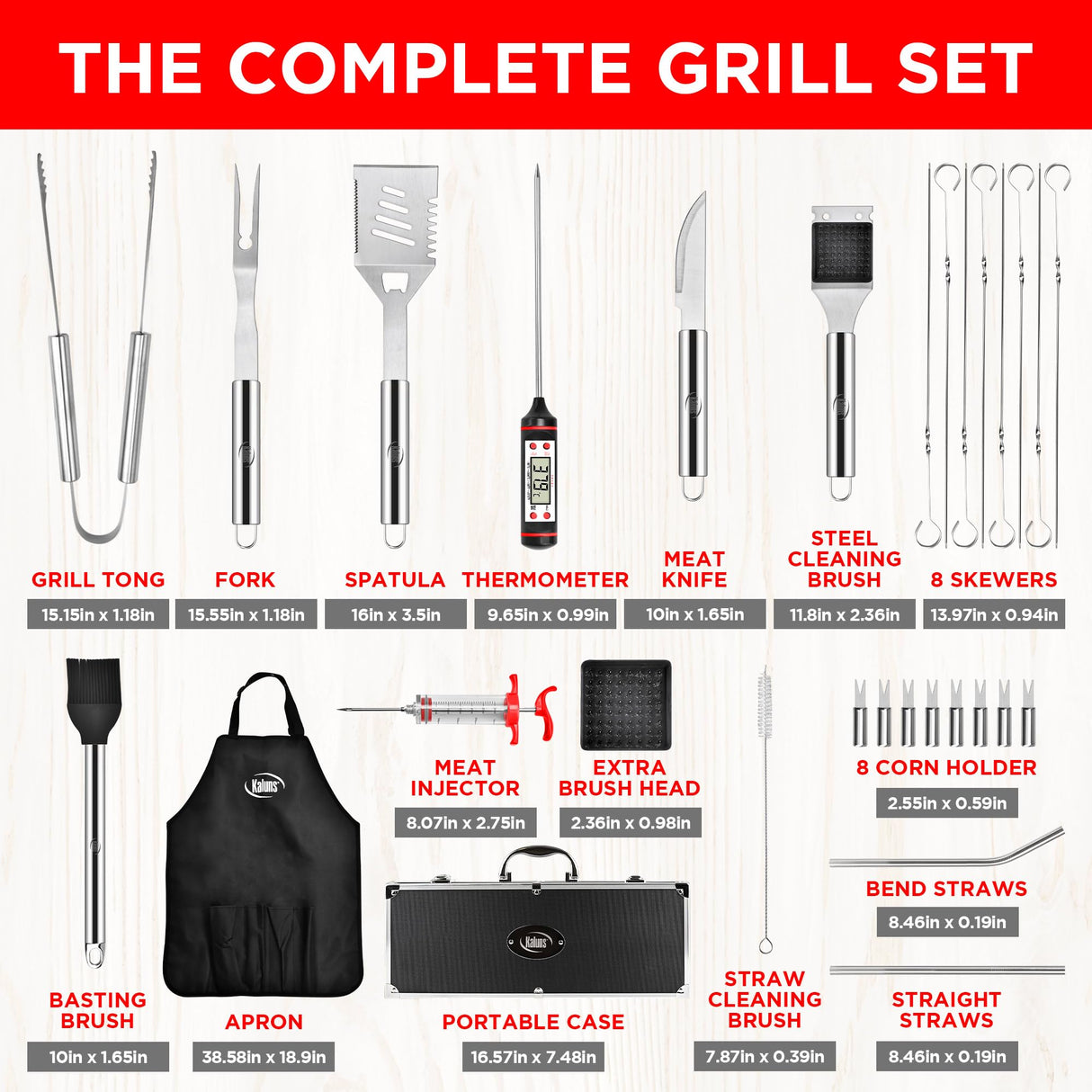 Kaluns 32 Psc Grilling Accessories, Dad Gifts for Fathers Day, Heavy Duty Stainless Steel Grill Set BBQ Grill Accessories for Outdoor Grill with Aluminum Case and Apron, Best Gifts for Men
