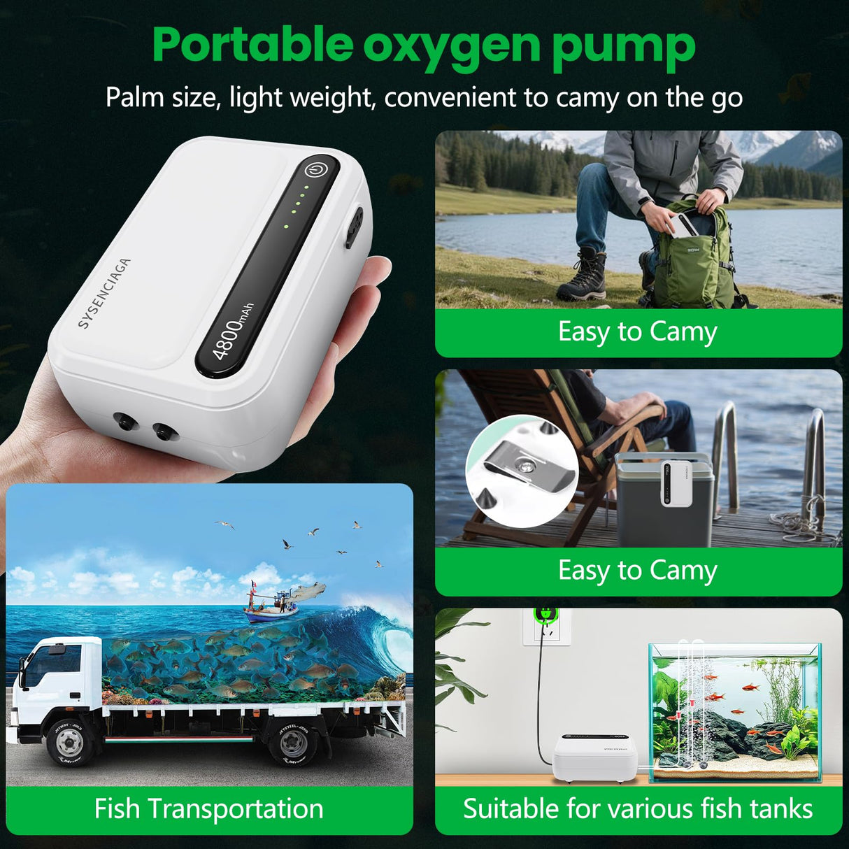 Aquarium Air Pump-Portable Air Pump for Outdoor Fishing, Rechargeable Aerator for Bait Bucket & Backup for Aquarium Fish Tank, Battery Powered Bubbler (2 Outlet 4800mAh)