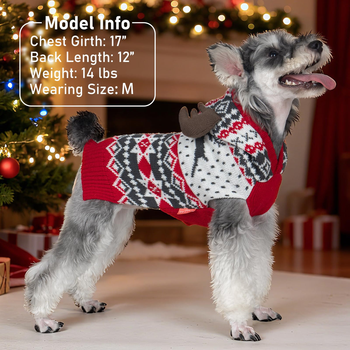 KYEESE Dog Christmas Sweater, Warm Dog Sweater for Small Dogs Boy Girl with Reindeer Antler Hood, Classic Winter Knitwear with Leash Hole, Soft Stretchy Fabric, Cozy Pet Clothes, Small