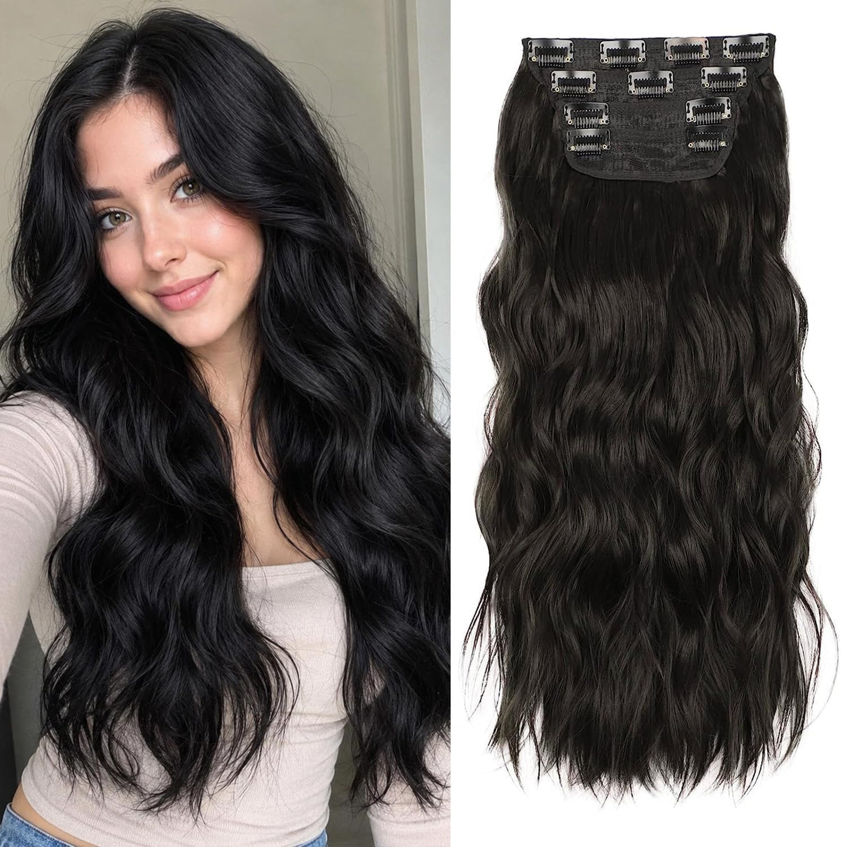 Black Hair Extensions, 20 Inches Soft Synthetic Curly Hair Extensions Clip ins (Color: Black)