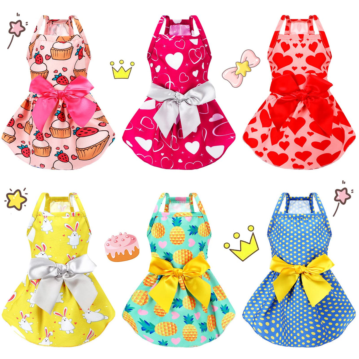 Frienda 6 Pieces Bowknot Princes Puppy Dog Dress Floral Vest Skirt Summer Pet Dress Dog Cute Rosette Sundress Apparel for Puppy Cat Pet(M)