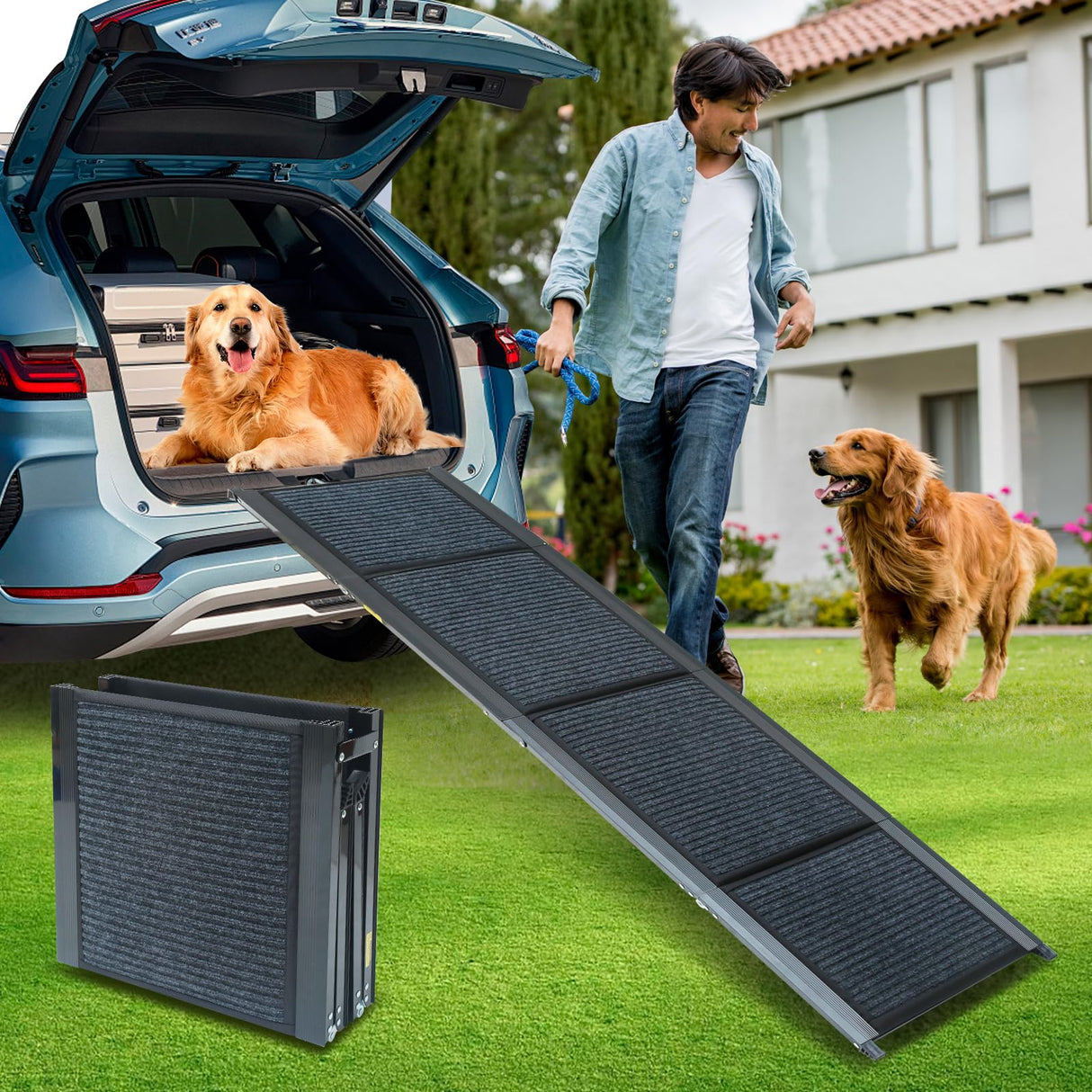 PawStep 63” x 17” Foldable Aluminum Dog Ramp – 63-Inch Length for Standard Cars & SUVs, 250 lb Capacity, Lightweight Four-Fold Portable Pet Ramp
