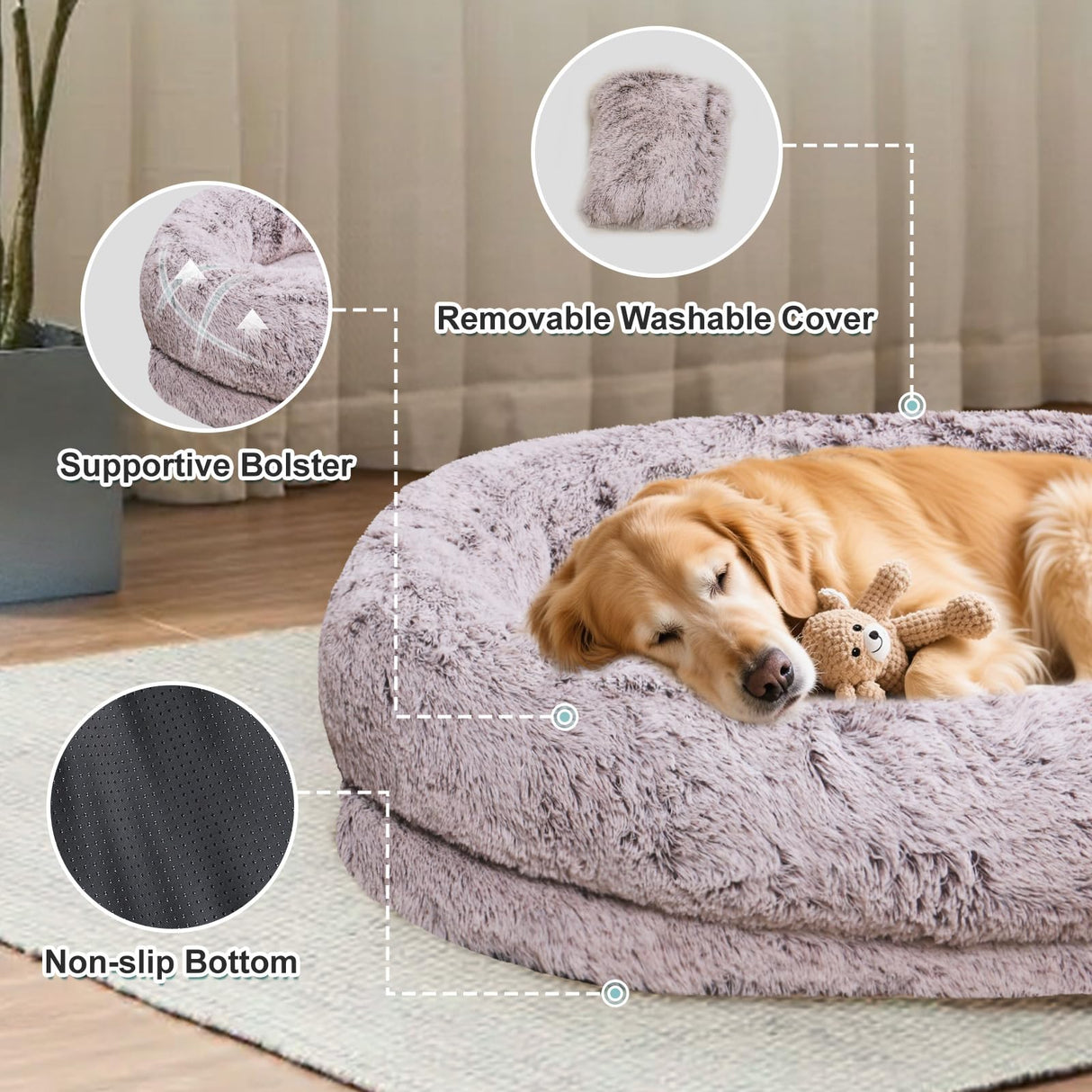 YAEM Human Dog Bed for Adult and Pets - 71"x45"x12" Dogs Beds for Humans with Washable Faux Fur Cover, Plump Pillow, Blanket, Orthopedic Design, Strap-RustWhite