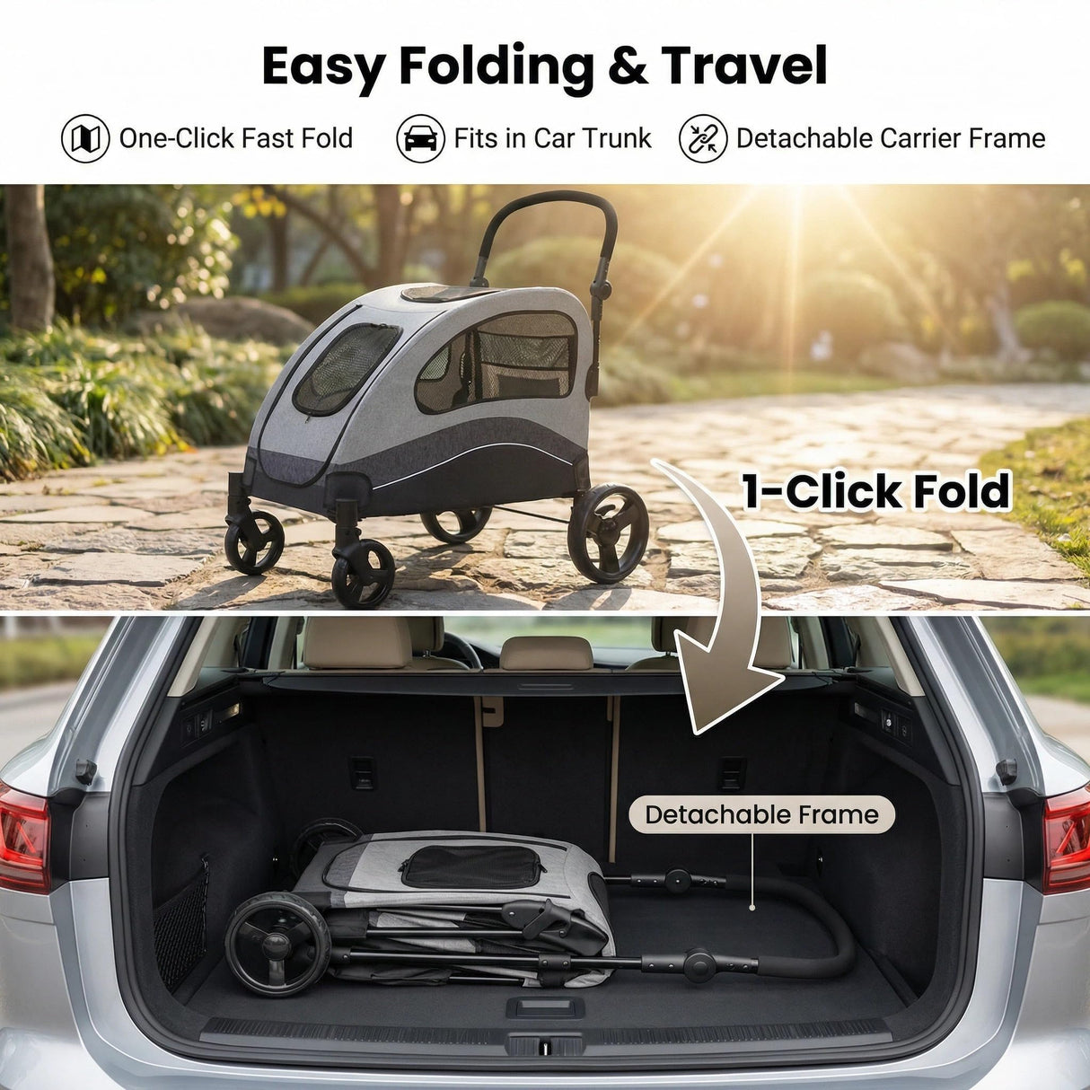Heavy Duty Dog Stroller for Large Dogs Up to 135 Lbs, Dual Entry Pet Wagon with All Terrain Wheels, One-Foot Brake, Easy Fold, Breathable Mesh, Adjustable & Removable Handle for Senior Pets - Black