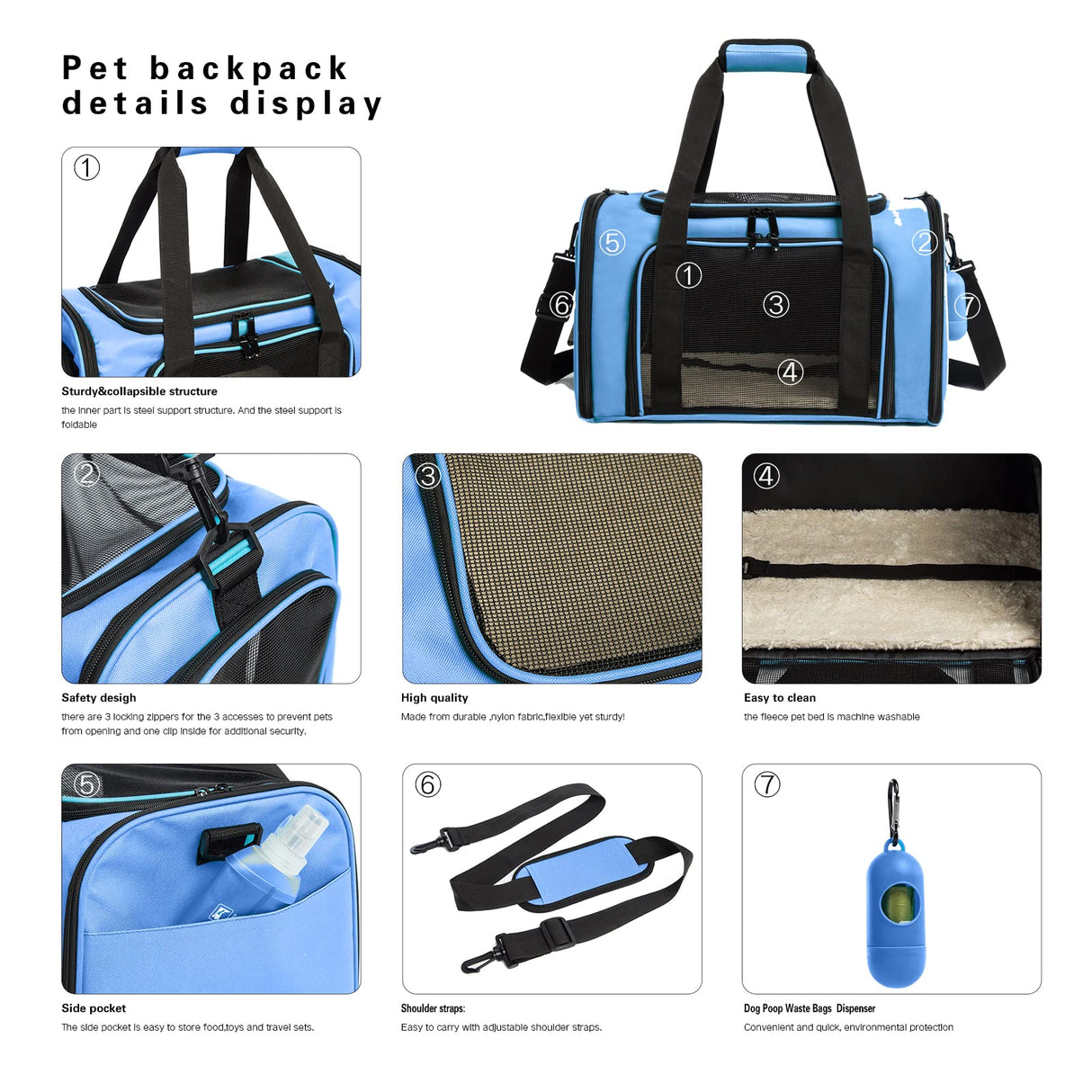 ROSEBB Cat Carrier Dog Carrier Pet Carrier Cat Bags for Small Medium Cats Dogs Puppies of 15 Lbs,of Airline Approved Small Dog Bag Soft Sided,Collapsible Travel Puppy Carrier (Medium, Blue)