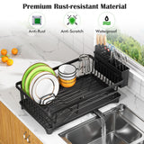 Dish Drying Rack - Space-Saving Small Dish Rack for Kitchen Counter, Rust-Resistant Kitchen Drying Rack, Compact Dish Drainer Organizer with Utensil Holder for Home Kitchen, Black