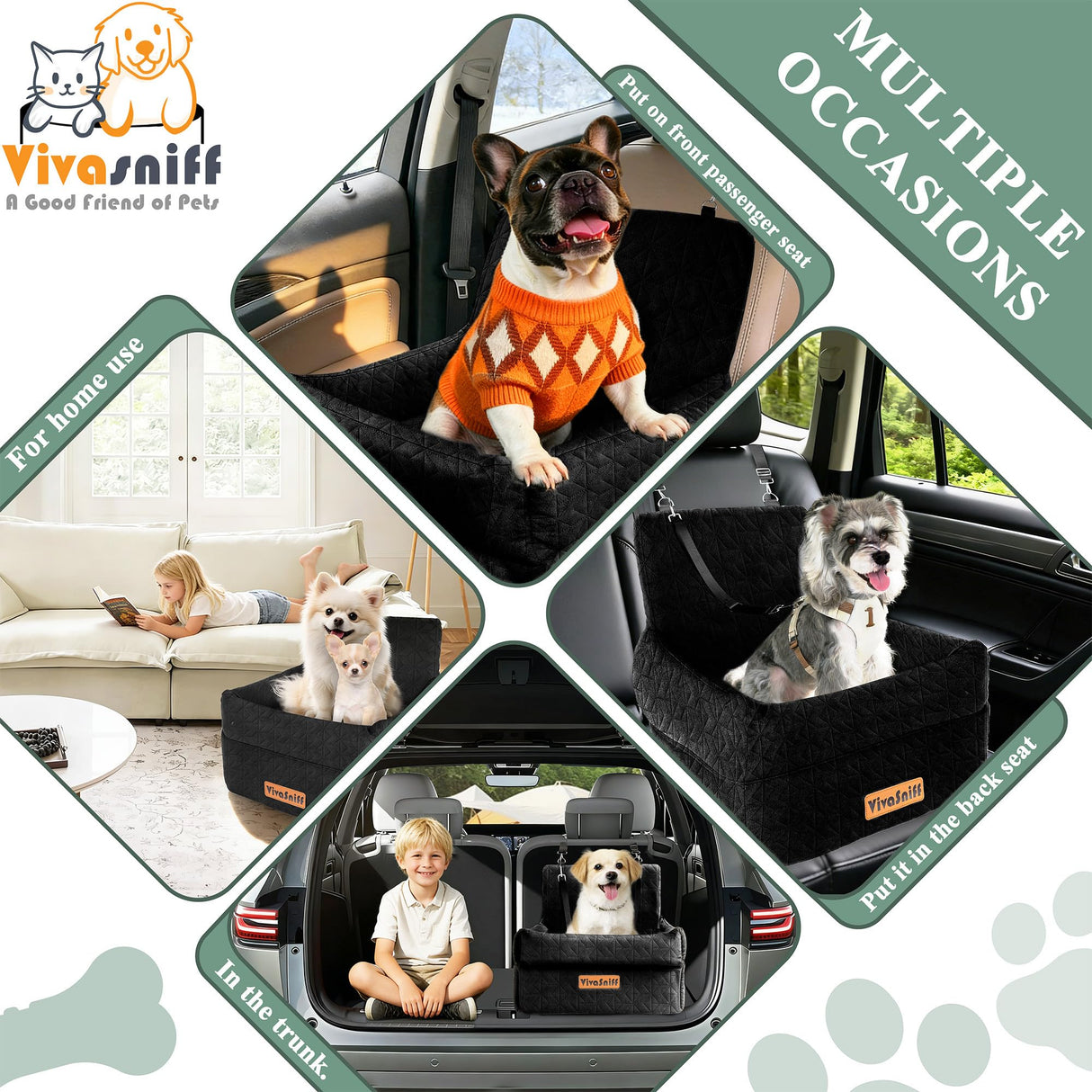 Dog Booster Car Seat for Small/Medium Dogs, VIVASNIFF 6 Inches Memory Foam Elevated Dog Pet Car Bed up to 45 lbs with 2 Safety Belts, Leakproof, Detachable and Washable (Black).