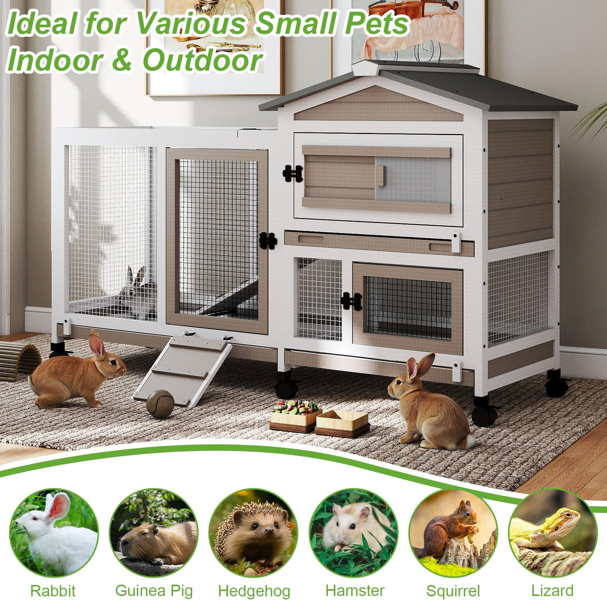 2 Story Rabbit Hutch Outdoor Indoor, Wooden Bunny Cage with 6 Lockable Wheels, 3 Removable No Leakage Pull Out Trays, Chew-Proof Ramp & Waterproof Roof, Ideal for Rabbit & Guinea Pig