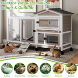 2 Story Rabbit Hutch Outdoor Indoor, Wooden Bunny Cage with 6 Lockable Wheels, 3 Removable No Leakage Pull Out Trays, Chew-Proof Ramp & Waterproof Roof, Ideal for Rabbit & Guinea Pig