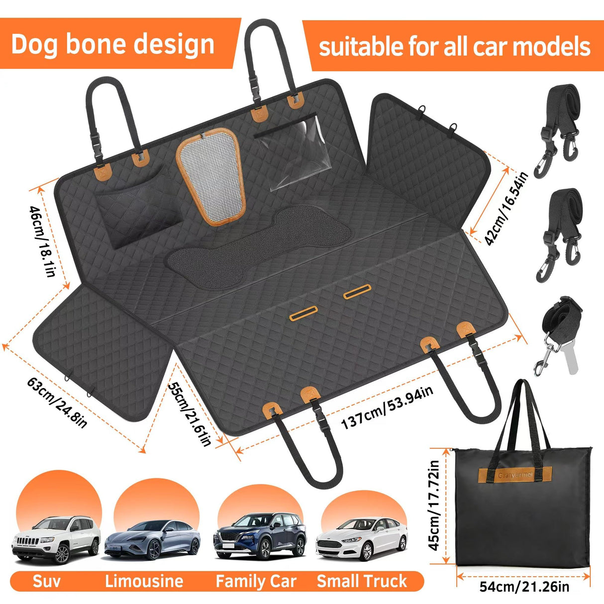 Guanyanmei Dog Bone PU Leather Rear Extender, 280LBS Waterproof Pet Hammock, Foldable Dog Car Seat Cover for SUV Sedan