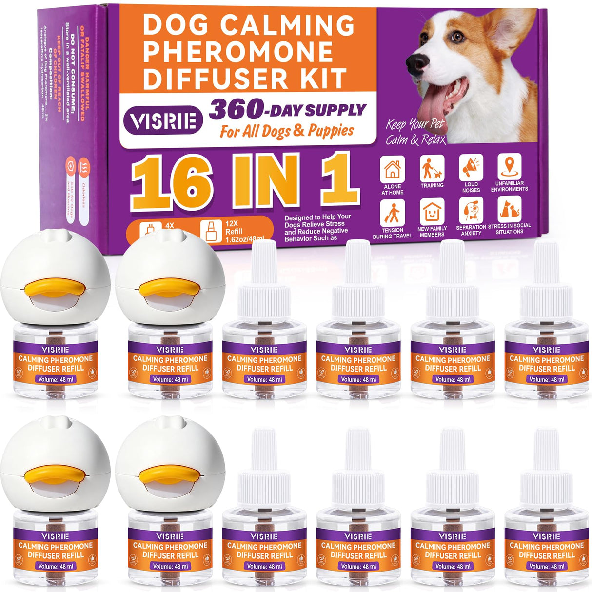 Dog Pheromone Calming Diffuser 16-in-1 Kit Appeasing Pheromone Diffuser to Calm Dogs (4 Plugin+12x48ml Refills) for Anxiety Relief Reduce Barking Aggression Fighting Stress 360 Day Supply(Tasteless)