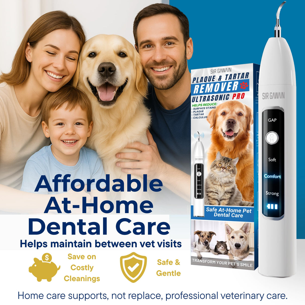 SIRGAWAIN Pet Ultrasonic Dental Cleaner — Plaque, Tartar & Stains Remover, 4 Tips, 3 Modes, LED, Contact-Activated & Smart Touch Protection, Complete Cleaning Kit for Dogs & Cats (White)