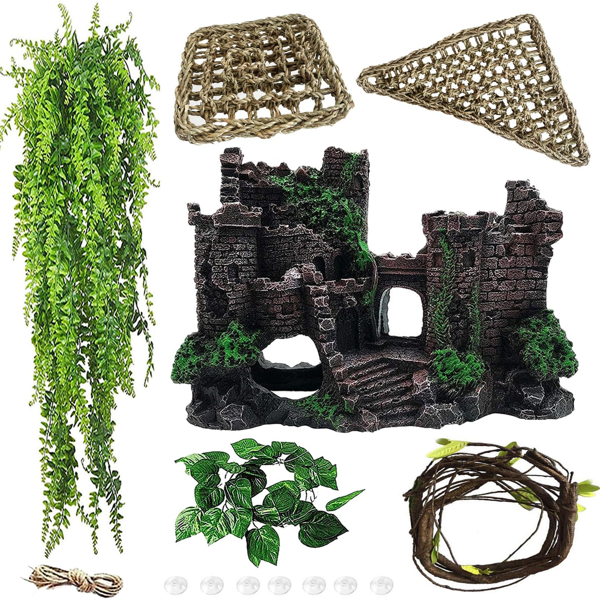 MUYG Tank Accessories for Bearded Dragon Include Resin Classical Castle Reptile Hammocks Climb Habitat Hanging Jungle Vines Flexible Leaves Climbing Decor for Chameleon Lizard Gecko Spider(6 PCS)