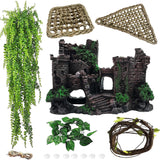MUYG Tank Accessories for Bearded Dragon Include Resin Classical Castle Reptile Hammocks Climb Habitat Hanging Jungle Vines Flexible Leaves Climbing Decor for Chameleon Lizard Gecko Spider(6 PCS)