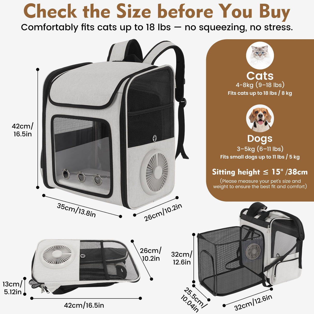 TTPet Pet Backpack Carrier with Built-in Cooling Fan & Heating Pad, Expandable Cat Carrier Backpack for Cats and Small Dogs, Ventilated Travel Backpack Carrier for Hiking/Outdoor/Vet Visits, Grey