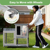 Wood Rabbit Hutch with Balcony - Small Animal House Bunny Cage on Wheels for Indoor Outdoor, Rabbit Cage Included Ramp, Pull Out Tray, (Grey with Pattern)