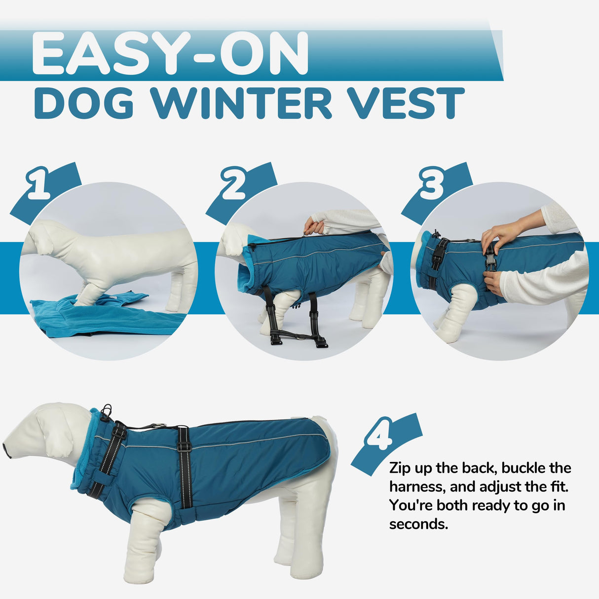 PUMYPOREITY Snow Jacket for Large Dogs Waterproof, Warm Dog Winter Coat with Harness Built in, Fleece Jacket with Back Zipper, Cold Weather Coats for Outdoor, Windproof Pet Snowsuit, Blue, 3XL