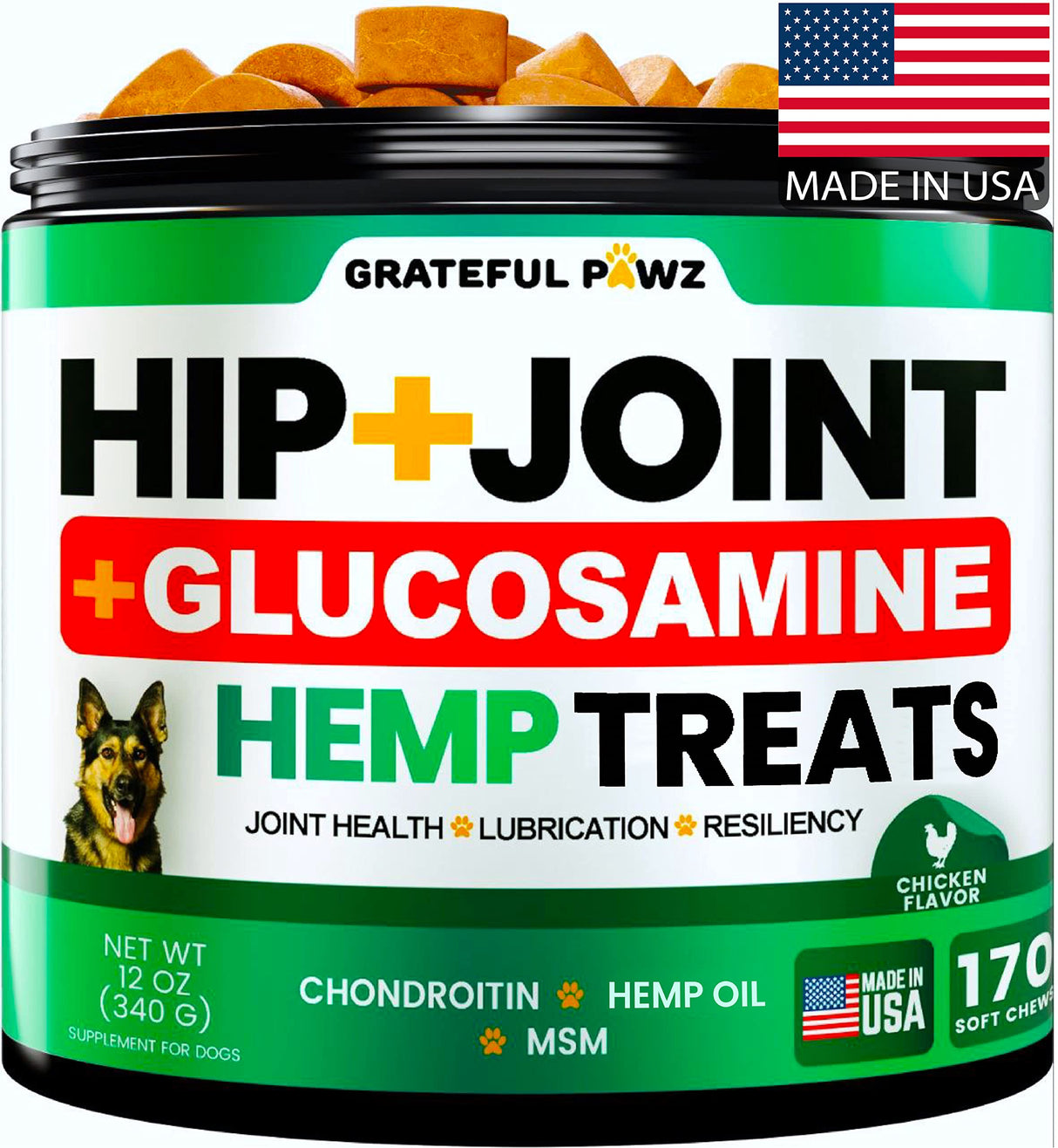 Hemp Hip and Joint Supplement for Dogs - Glucosamine for Dogs - 170 Joint Pain Relief Treats - Chondroitin, MSM, Hemp Oil - Advanced Health Supplement - Mobility Support Chews - Made in USA