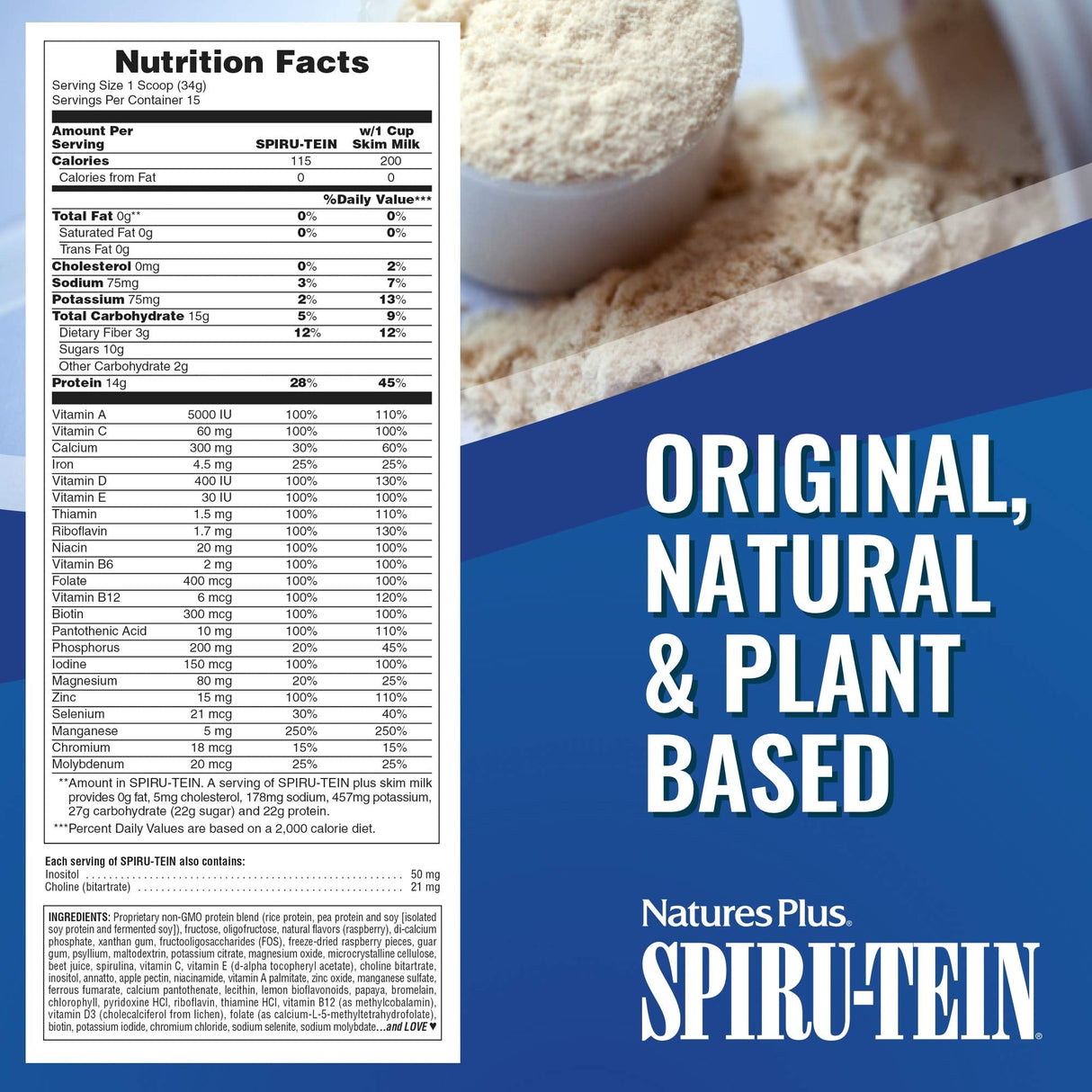 NaturesPlus SPIRU-TEIN Shake - Raspberry Royale Flavor - 1.12 lbs, Protein Powder - Plant Based Meal Replacement, Vitamins & Minerals for Energy - Vegetarian, Gluten-Free - 15 Servings