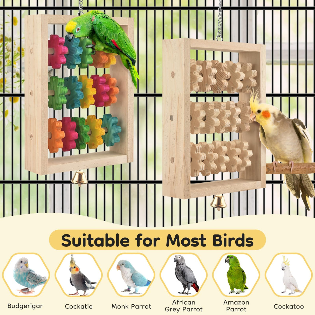 DBNESS 2Pcs Bird Toys, Hanging Parrot Chew Toy, Natural Wooden Chewing Puzzle Training Blocks Intellectual Development for Budgie, Conure, Lovebird, Cockatoo, African Grey, Amazon Parrots, Macaw