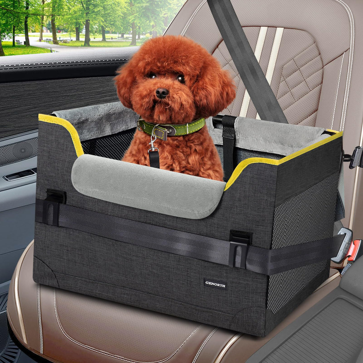 GENORTH Dog Car Seat for Small Dogs,Detachable Pet Car Seat Under 20 lbs,Dog Booster Seat with Cozy Chin Rest,Cushion and Safety Belt, (Gray)