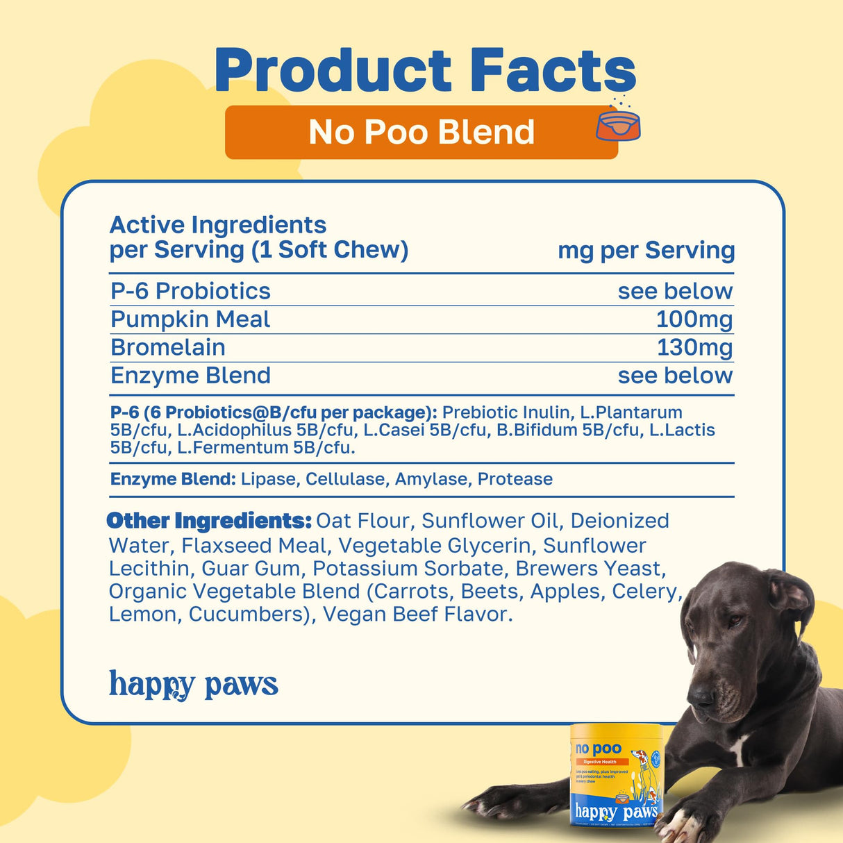 Happy Paws No Poo Chews for Dogs, Poop Eating Coprophagia Deterrent, Soft Chews for Dogs with Pumpkin, Probiotics & Enzyme Blend for Digestive Health, Organic, Vegan, Non GMO, Beef Flavor, 100 Count