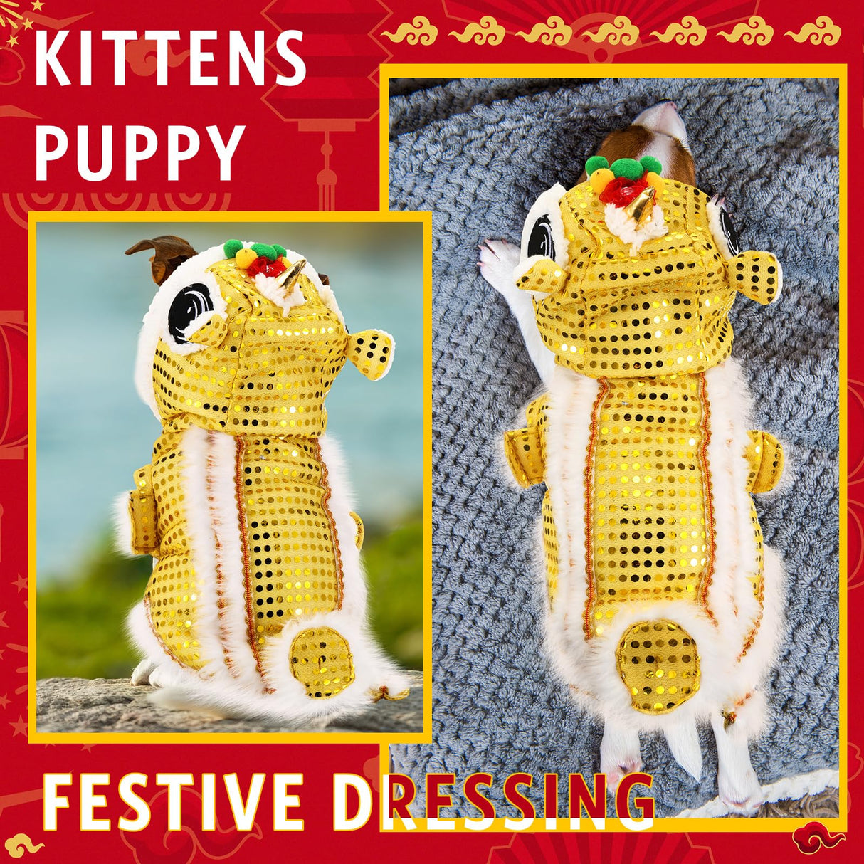 LEIFIDE Lion Dance Dog Costume Chinese New Year Pet Costume with Sequins Chinese Lion Dance Cloth Dog Clothes Hoodies Coat for pet New Year Spring Festival Dress up(2X-Large,Gold)