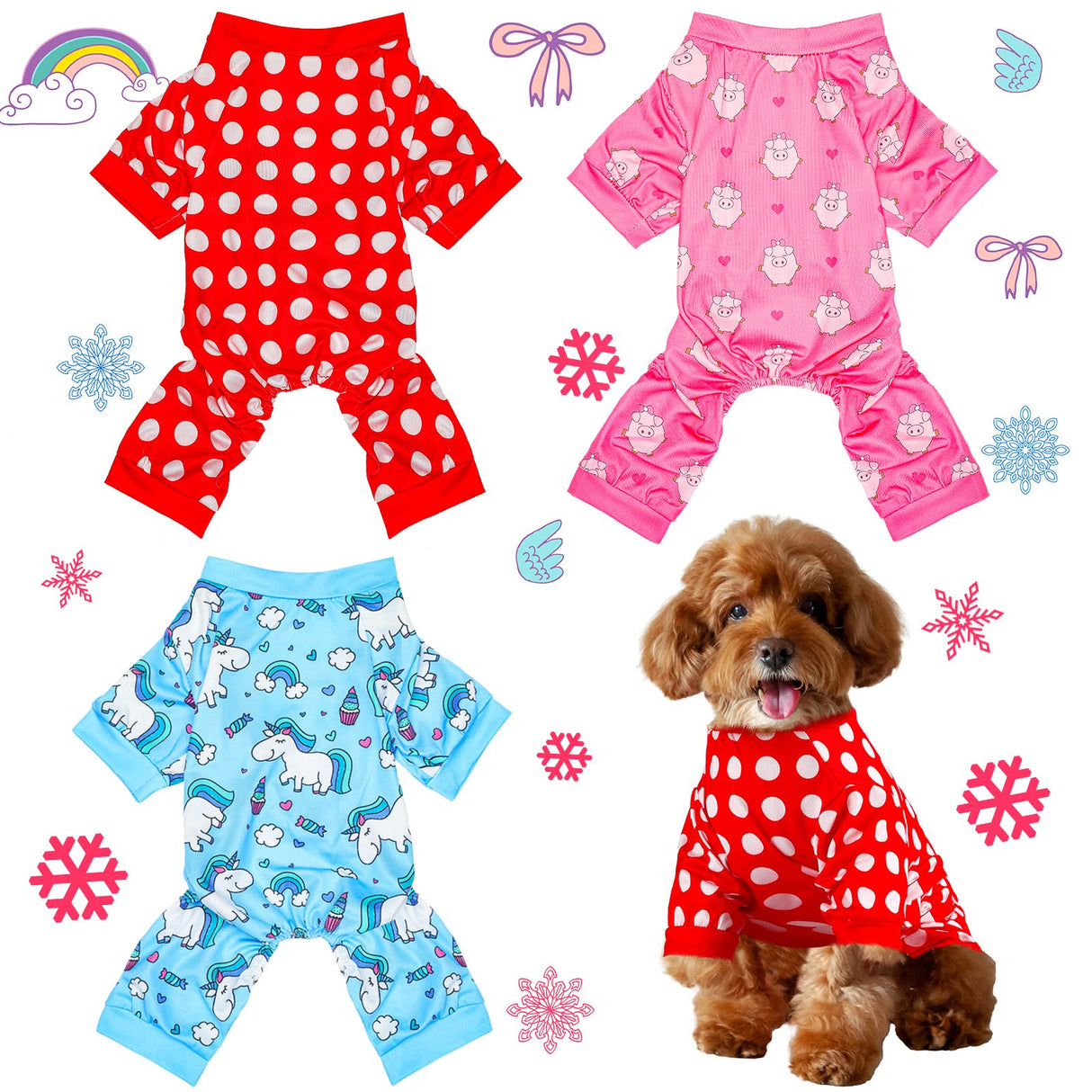 3 Pieces Dog Pajamas Puppy Soft Pets Clothes Dog Jumpsuit for Small Medium Large Pets Cute Apparel Bodysuits for Girl and Boy, 3 Styles(S Fits 3.3-5.5 lbs)