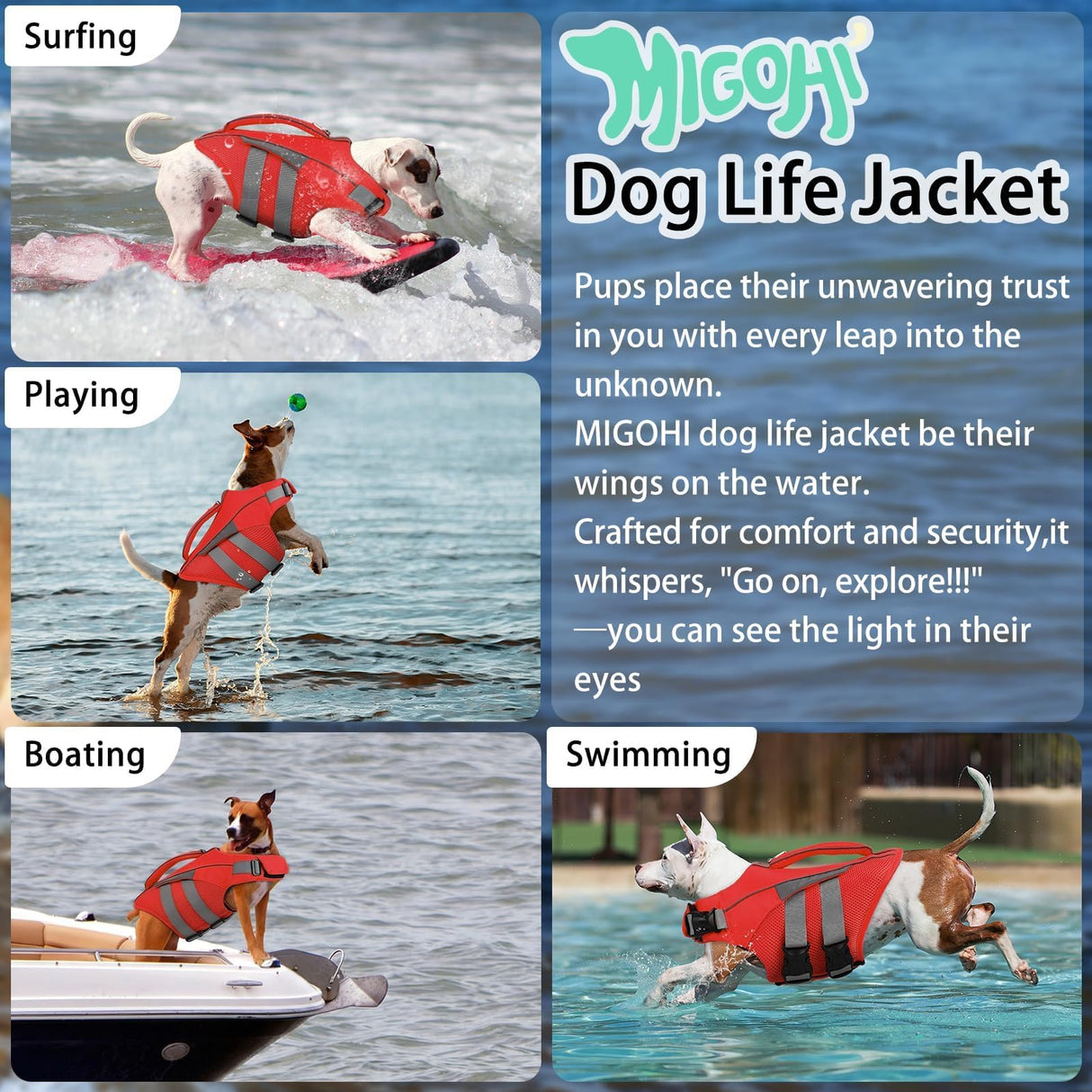 MIGOHI Dog Life Jacket, Reflective Dog Swimming Vest with High Flotation and Rescue Handle, Ripstop Dog Lifesaver for Small Medium Large Dogs, Pet Safety Water Vest for Swimming Boating Surfing