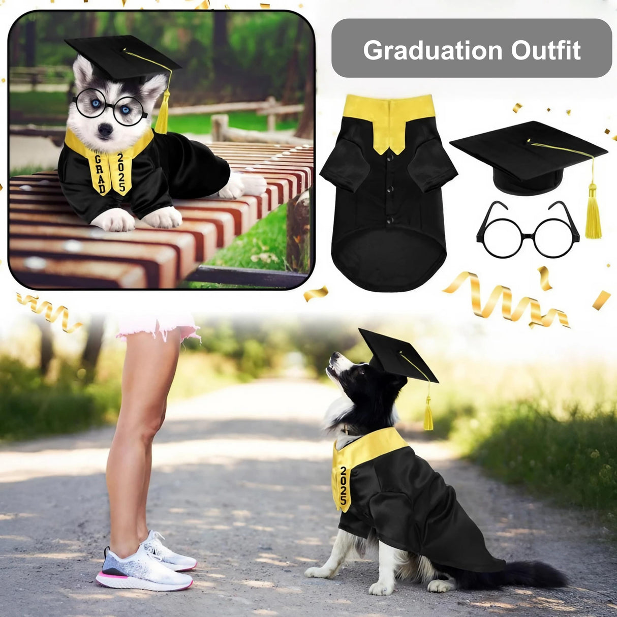 Dog Cat Graduation Costume Set 5Pcs Pet Graduation Gown Stole Puppy Grad Cap Lensless Glasses DIY Letter Stickers for Christmas Halloween Holiday (Noble Purple, Small)