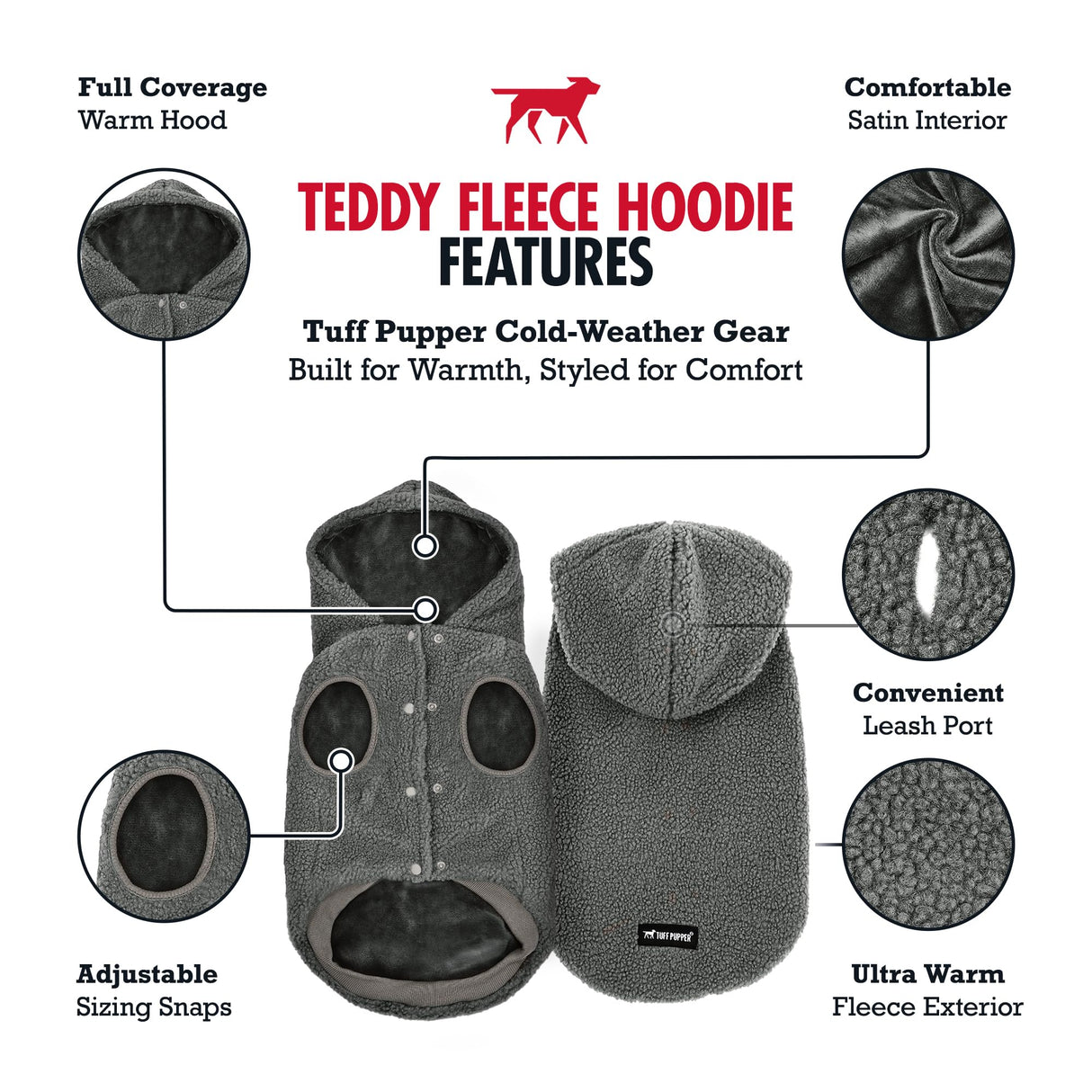Tuff Pupper Fleece Dog Hoodie Sweater | Teddy Sherpa Outer & Soft Polar Fleece Lining | Adjustable Fit Winter Coat with Hood, Leash Hole, Ribbed Cuffs | for Small Medium Large XL XXL Dogs (Grey, XXL)