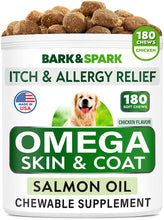 Load image into Gallery viewer, BARK&amp;SPARK Omega 3 for Dogs - 180 Fish Oil Treats for Dog Shedding, Skin Allergy Chews, Itch Relief, Hot Spots Treatment - Joint Health - Skin and Coat Supplement - EPA &amp; DHA Fatty Acids - Salmon Oil

