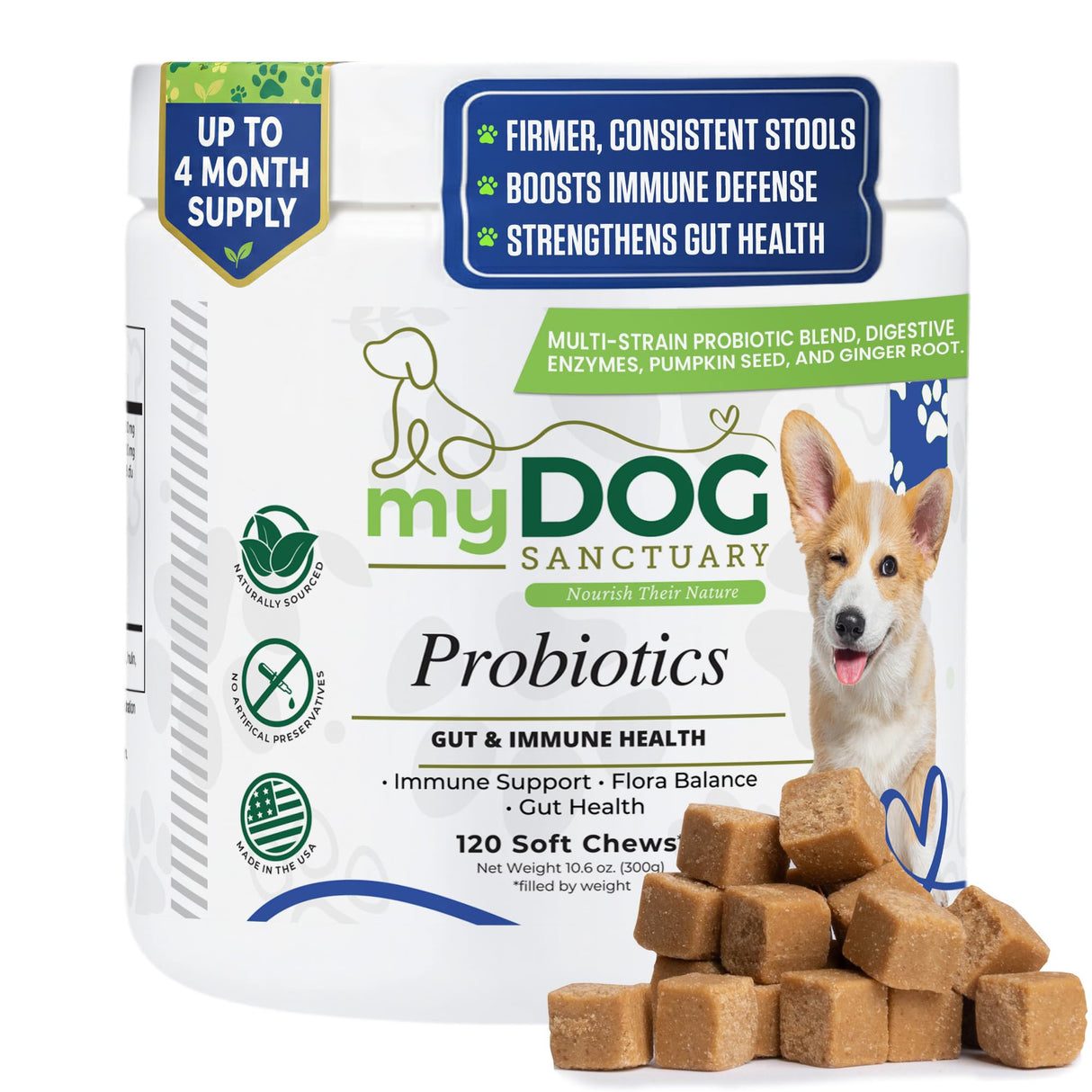My Dog Sanctuary Probiotics for Dogs 120 Chews - Digestive Enzymes & Gut Health Support with Pumpkin Seed, Ginger Root – Dog Probiotics for Diarrhea, Bowel & Immune Support - Bacon Flavor, Soft Chews