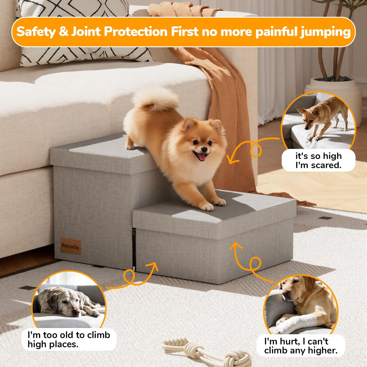 Fecuria 2-Step Wide Dog Stairs with Storage 11" H, Non-Slip Sturdy Pet Steps for Couch Chair, Dog Steps for Small/Medium Old Dogs, Cats, Rabbits Up to 150lbs, Foldable Cat Puppy Stairs for Car, Grey