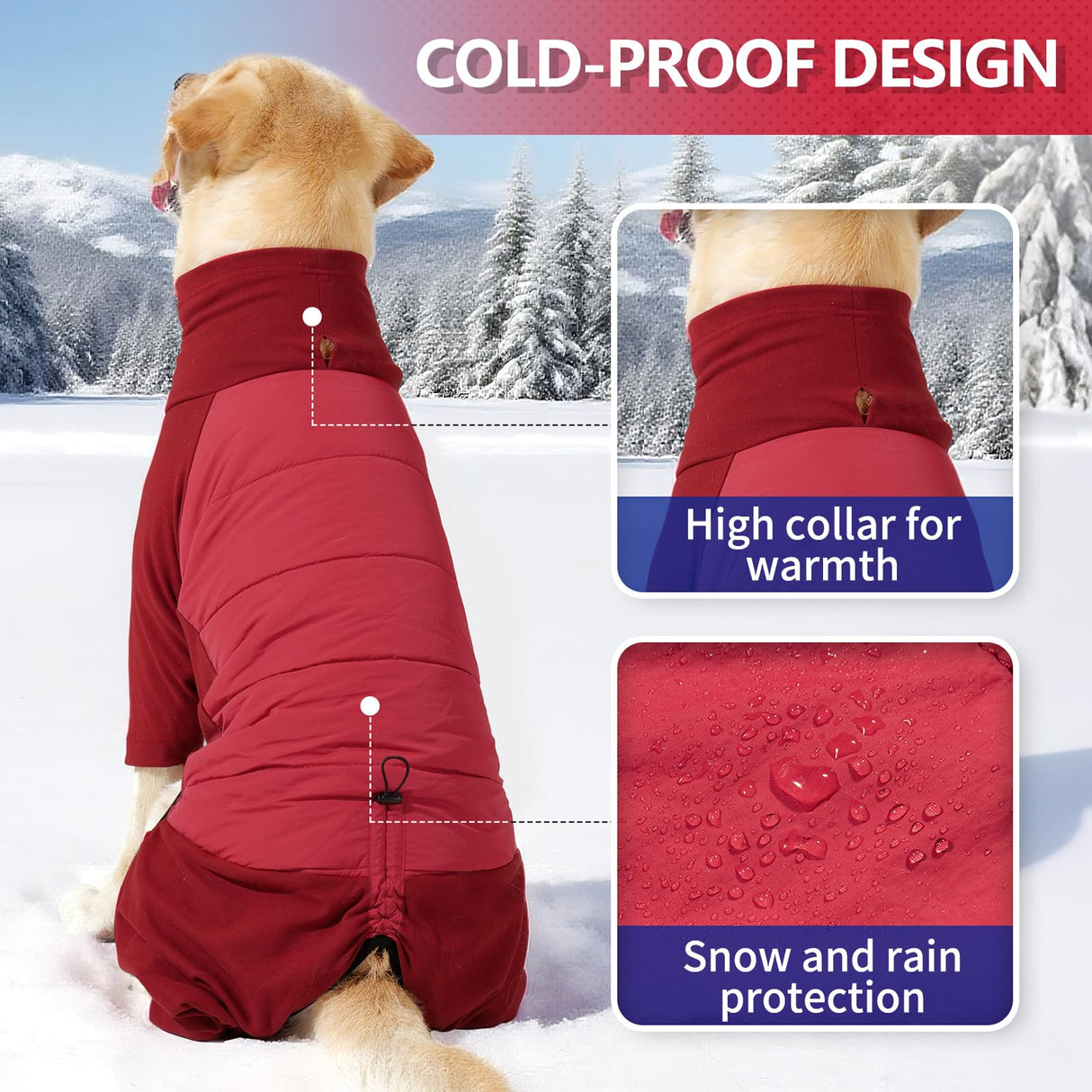 BRKURLEG Full Body Dog Winter Coat Warm Fleece Pullover Pajamas, Four Legs Covered Windproof Dog Jacket for Small to Large Dogs, Turtleneck Dogs Snowsuit, Pet Cold Weather Clothes, Red XXXL