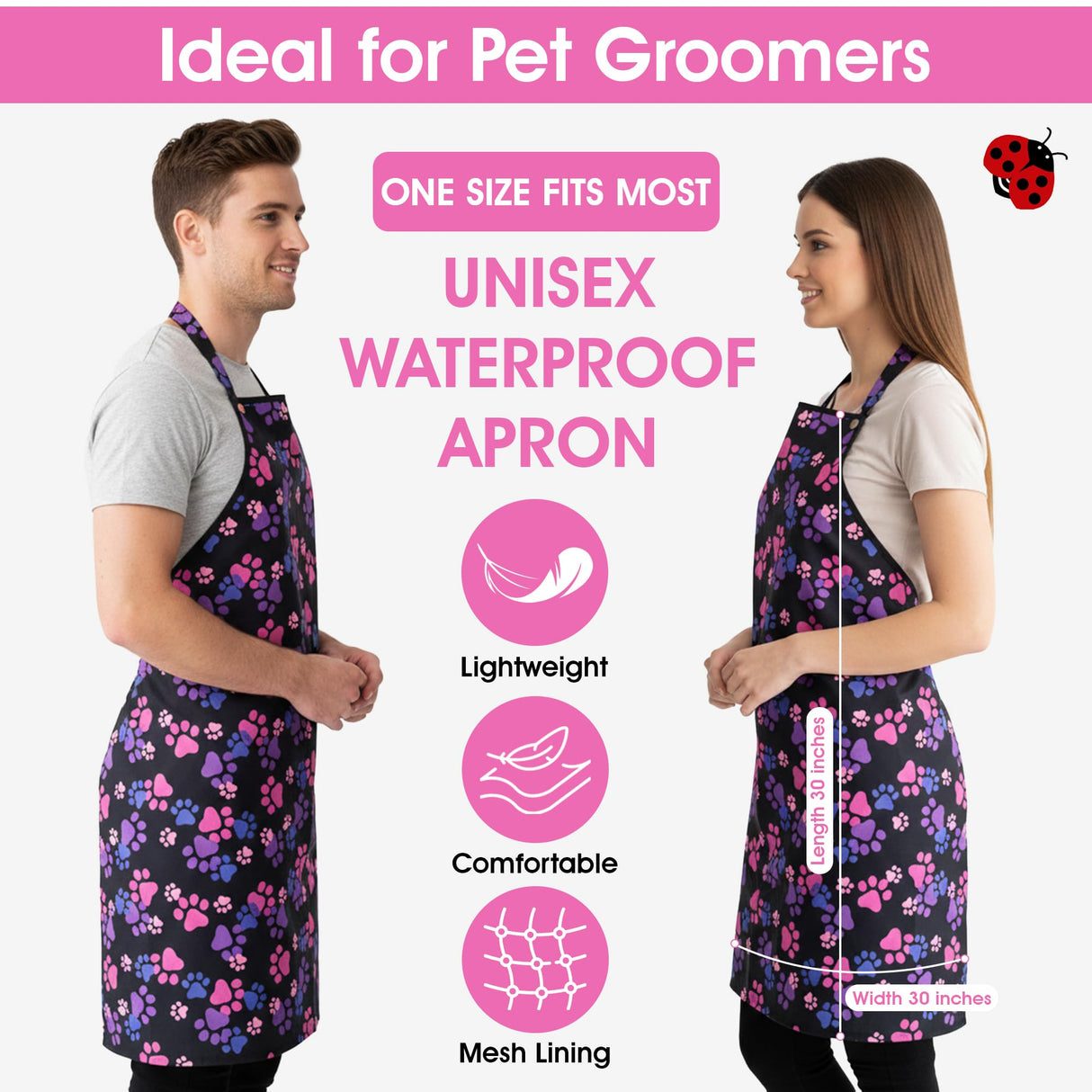 Ladybird Line 614 Unisex Pink and Purple Paw Print Waterproof Pet Grooming and Styling Apron, Hair and Bleach Resistant, 2 Front Pockets and Adjustable Neckband and Mesh Lined for Comfort