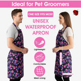 Ladybird Line 614 Unisex Pink and Purple Paw Print Waterproof Pet Grooming and Styling Apron, Hair and Bleach Resistant, 2 Front Pockets and Adjustable Neckband and Mesh Lined for Comfort