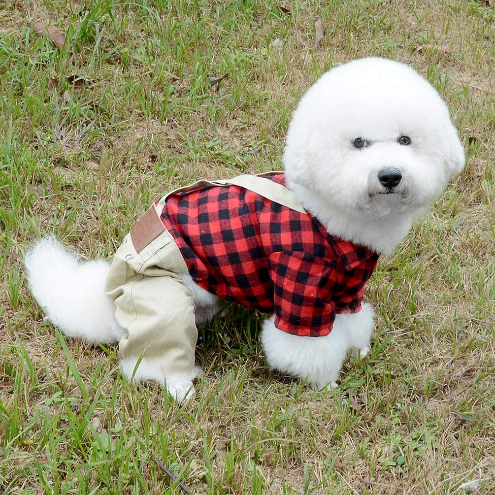 SMALLLEE_LUCKY_STORE Pet Clothes for Small Dog Cat Red Plaid Shirts Sweater with Khaki Overalls Pants Jumpsuit Outfits XL