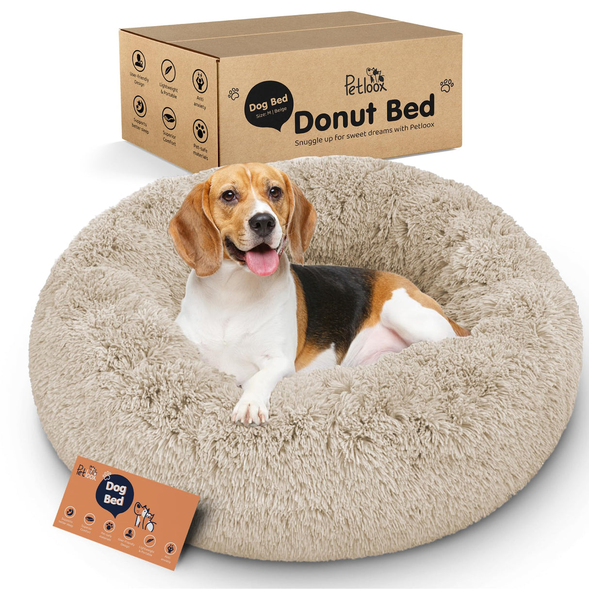 Donut Dog Bed - Premium Comfort for Anxiety Relief - Fluffy & Calming Design with Ultra-Plush Support | Cozy Round Dog Bed with Super Soft Circle Style (Beige, Medium)