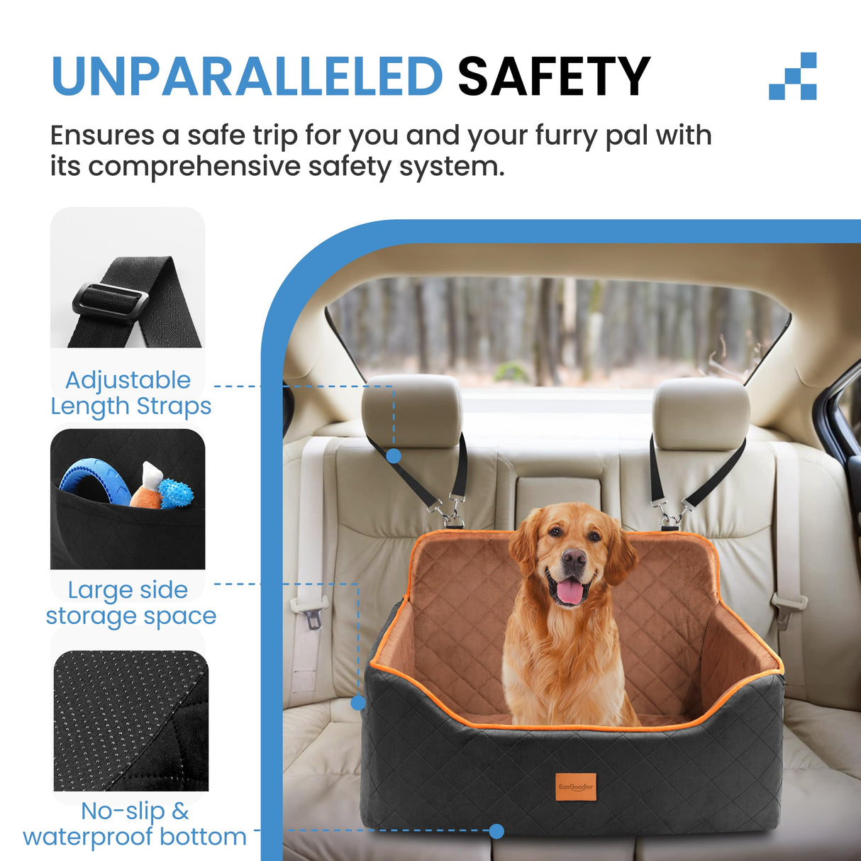 Dog Car Seat for Medium Dogs - Pet Car Seat with 2 Safety Straps & Waterproof Padding, Portable Pet Carrier for Cars, Trucks & SUVs, Comfortable Booster Bed for Pets Up to 55lbs (Black/Coffee)